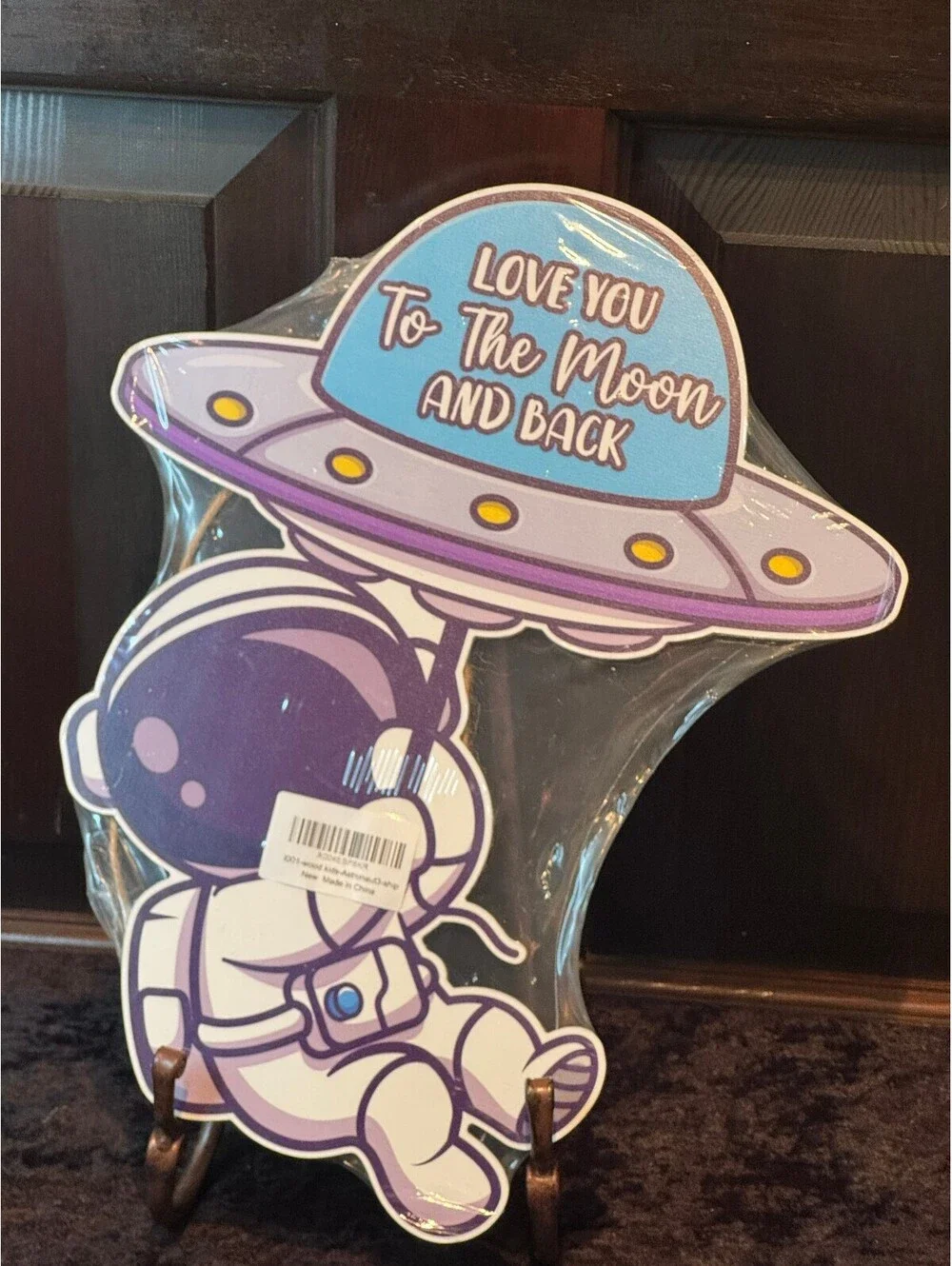 Wooden Wall Hanging with Astronaut and UFO Design - 'Love You To The Moon And  '